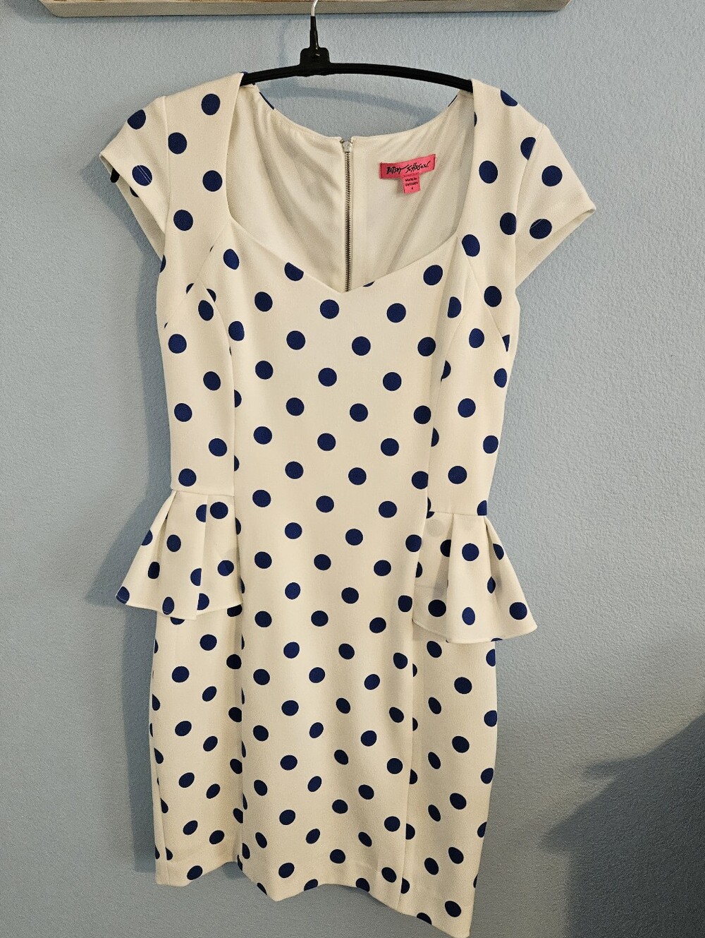 Betsey Johnson White Dress with Navy Polka Dots and Peplum